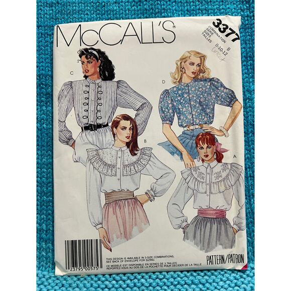 McCalls 3377 pattern blouse button down puff sleeve half sleeve size 8 10 12 - Picture 1 of 7